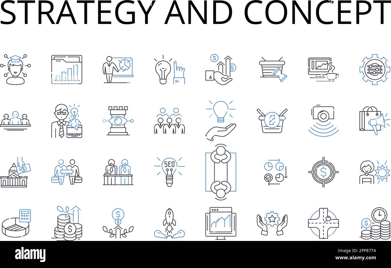 Symbolsammlung für Strategie und Konzeptlinie. Planen und planen, Idee und Gedanken, Ansatz und Methode, Ziel und Ziel, Vision und Mission, System und Stock Vektor