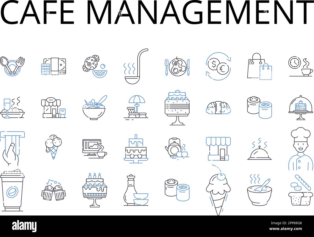 Sammlung der Symbole für die Café-Management-Linie. Restaurantleitung, Bistro-Verwaltung, Coffeehouse-Verwaltung, Eatery-Leitung, Tavern-Leitung, Bar Stock Vektor