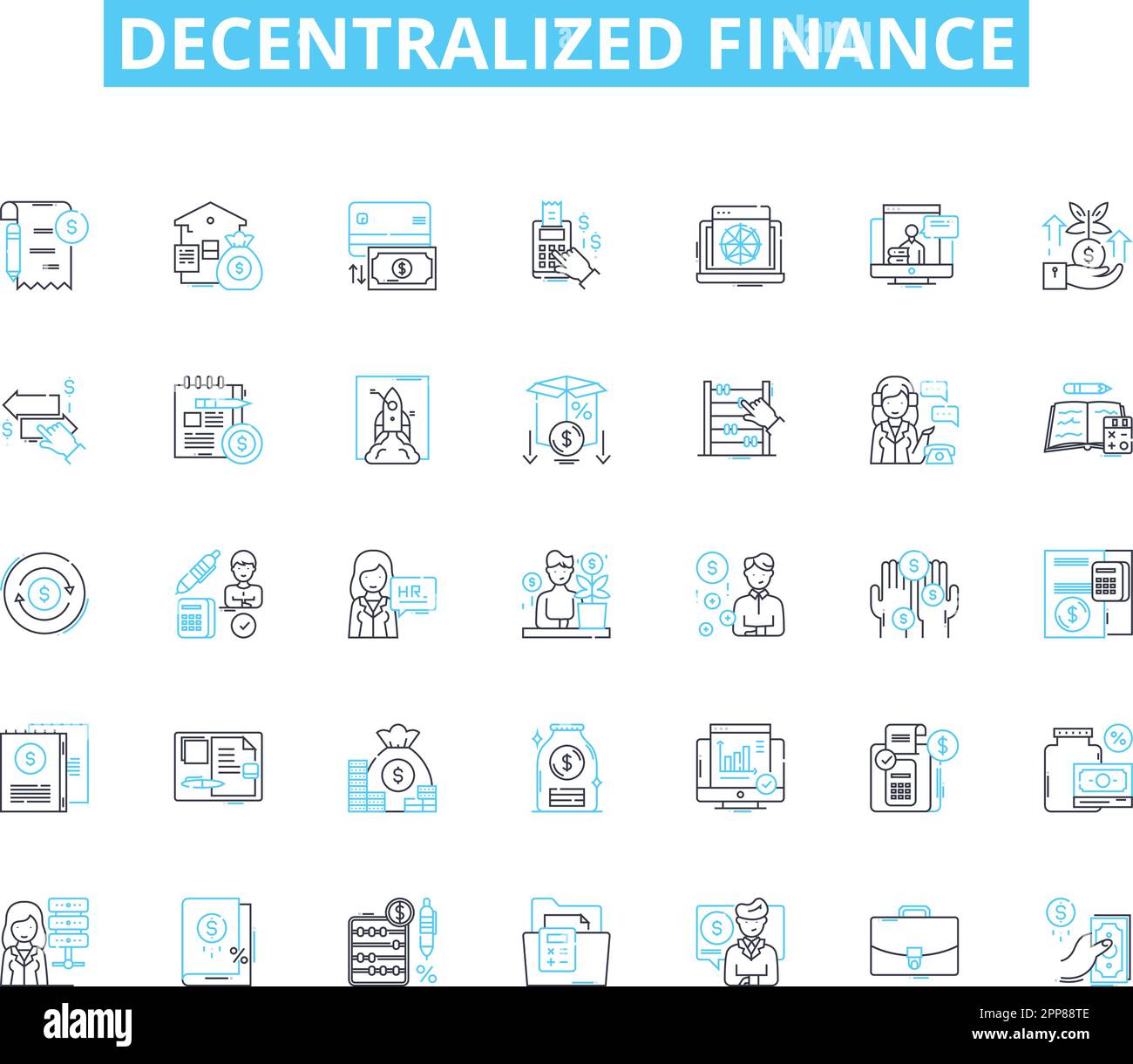 Dezentralisierte lineare Symbolgruppe für Finanzen. Defi, dezentralisiert, Blockchain, Crypto, Smart Contracts, Tokenisierung, Liquiditätslinienvektor und Konzept Stock Vektor