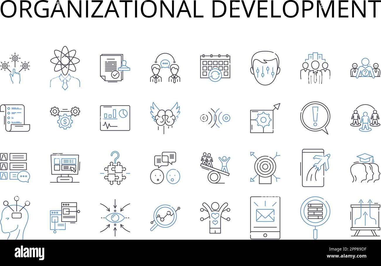 Symbolsammlung für Organisationsentwicklungslinien. Geschäftsstrategie, Projektmanagement, Produktentwicklung, Schulungsprogramme, Führungsschulung Stock Vektor