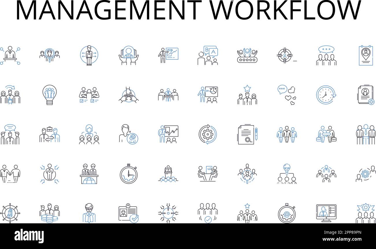 Symbolsammlung für Management-Workflow-Zeilen. Verkehr, Transport, U-Bahn, Zug, Carpool, Bus, Bike Vektor und lineare Darstellung. Zu Fuß, Pendler Stock Vektor