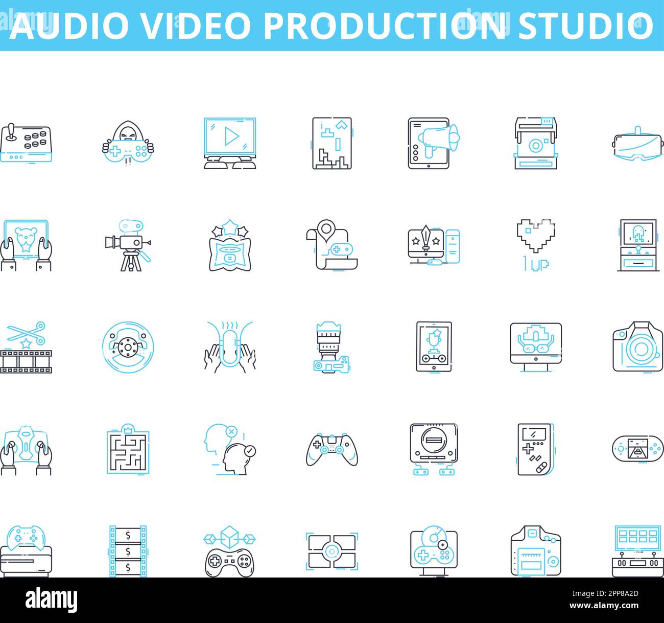 Lineares Symbolset für Audio/Video Production Studio. Aufnahme, Ton, Studio, Produktion, Mixen, Beherrschen und Bearbeiten von Linienvektoren und Konzeptzeichen Stock Vektor