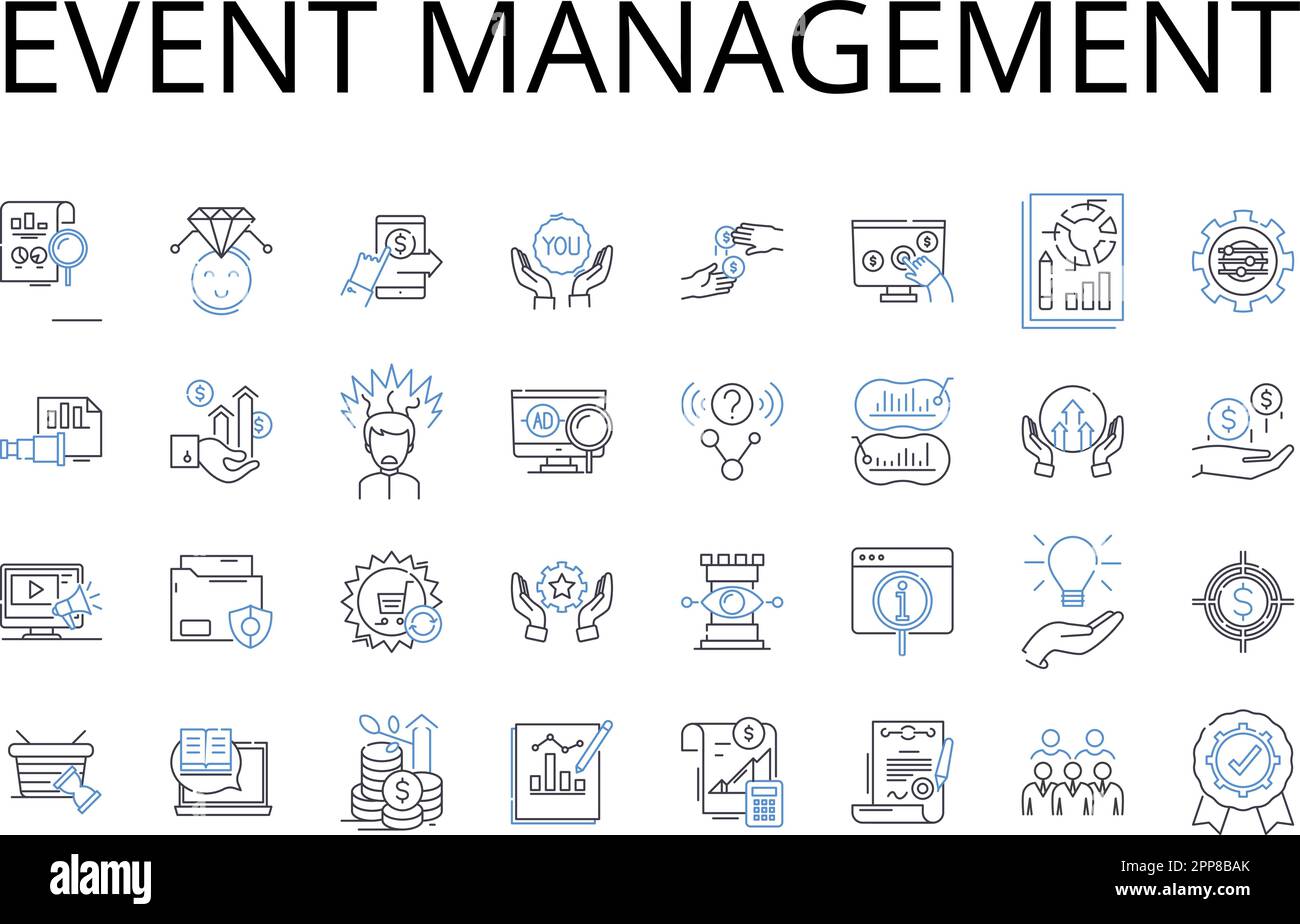 Ereignisverwaltung - Sammlung der Liniensymbole. Projektplanung, Geschäftsstrategie, Markenentwicklung, Marketingkoordination, Kampagnenstrategie, Verkauf Stock Vektor