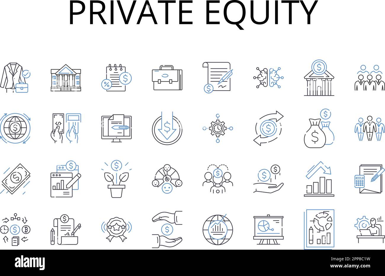 Symbolsammlung für Private Equity Line. Risikokapital, Hedgefonds, Beteiligungen, Angel Investor, Buyout-Firma, Investment Trust, Kapitalzuführung Stock Vektor