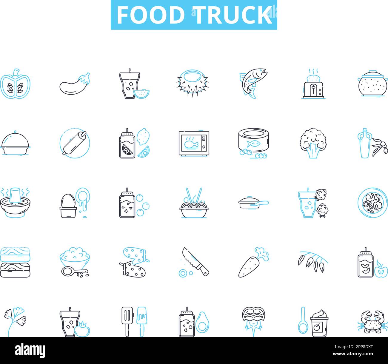 Lineare Symbole für den Food Truck. Tacos, Burger, Nachos, Sandwiches, Hot Dogs, Pizza, Quesadillas Linienvektor und Konzeptschilder. Gyros, Curry, gebratener Reis Stock Vektor