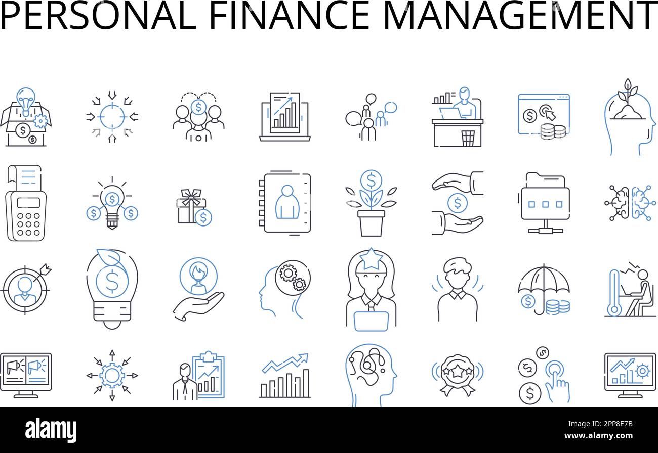 Sammlung der Positionssymbole für Personal Finance Management. Finanzplanung, Vermögensverwaltung, Meine Verwaltung, Steuerorganisation, Budgetkontrolle, Mtary Stock Vektor