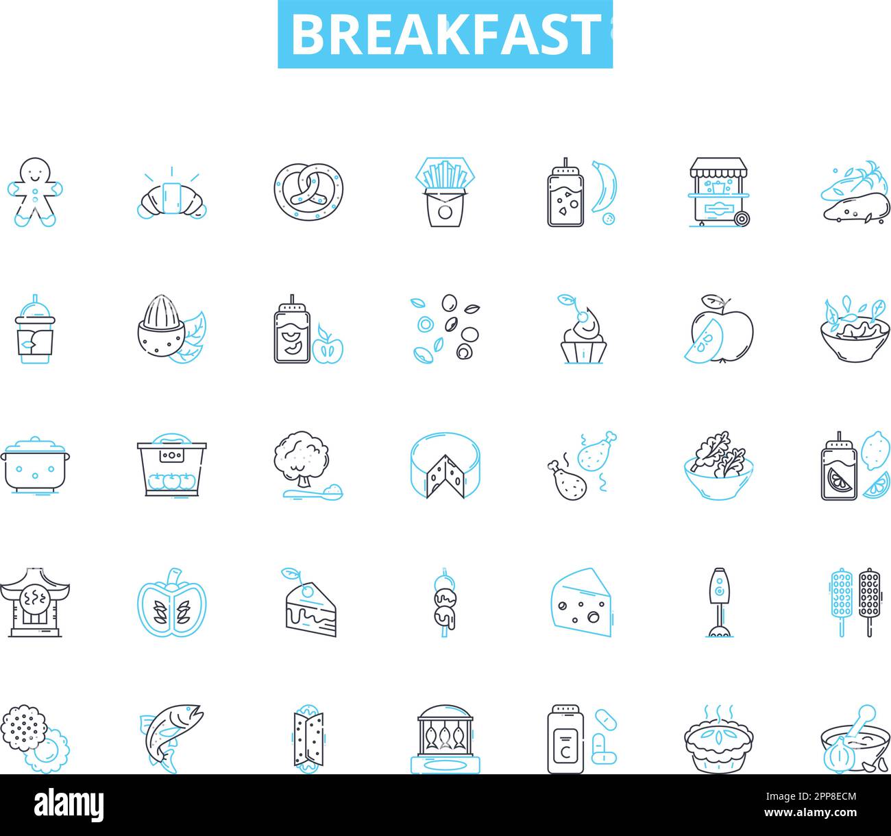 Frühstück mit linearen Symbolen. Pfannkuchen, Waffeln, Omelette, Müsli Und Cornflakes, Toast, Bagel-, Croissant-Linienvektor- und Konzeptschilder. Englischer Muffin, Speck, Wurst Stock Vektor