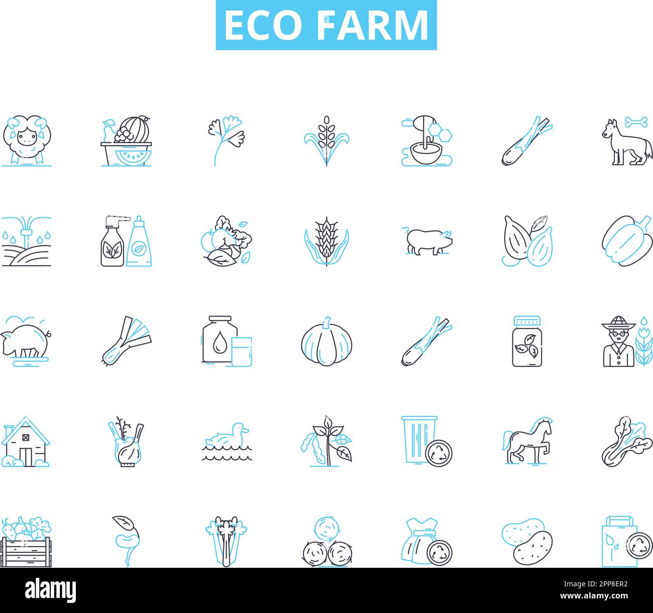 Lineare Symbole für Eco-Farm eingestellt. Nachhaltigkeit, Ökologisch, Grün, Permakultur, Biologische Vielfalt, Konservierung, Regenerationslinienvektor und Konzeptzeichen Stock Vektor