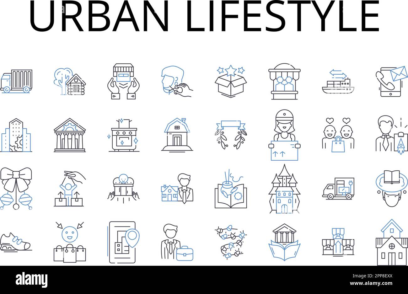 Urbane Lifestyle Line Icons Kollektion. Ländliches Leben, kosmopolitische Atmosphäre, Metropolitankultur, schnelles Leben, moderne Existenz, Modern Stock Vektor