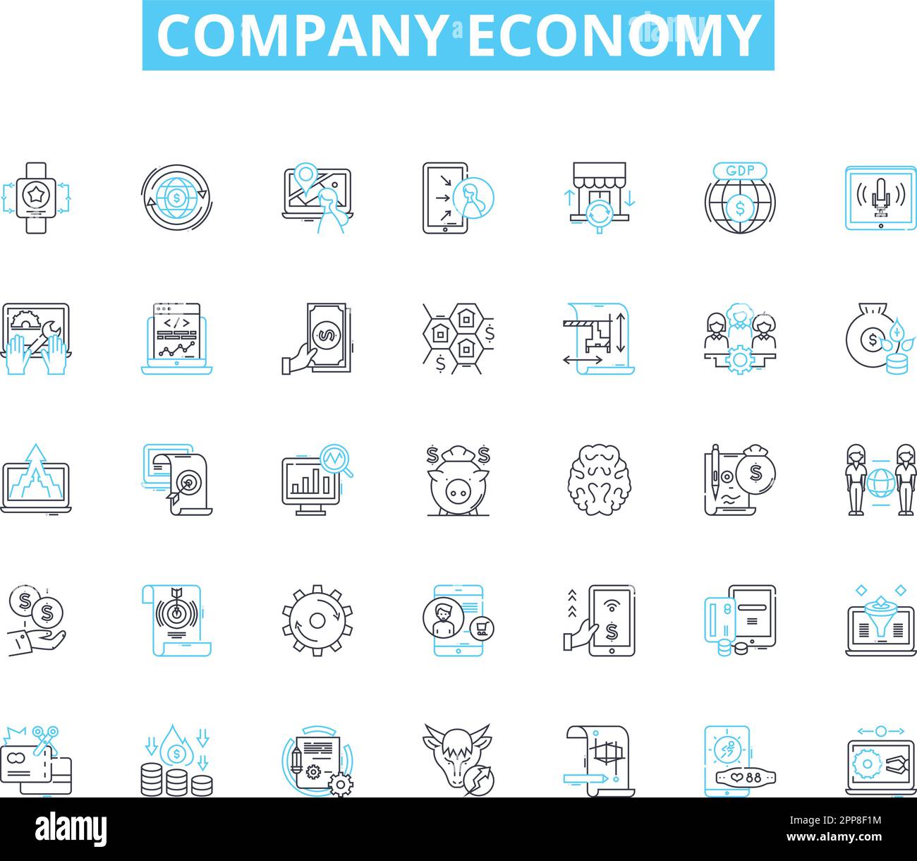Linearer Symbolsatz für die wirtschaftliche Wirtschaft des Unternehmens. Rentabilität, Wachstum, Expansion, Marktanteil, Effizienz, Vektor der Umsatzposition und Konzeptzeichen Stock Vektor