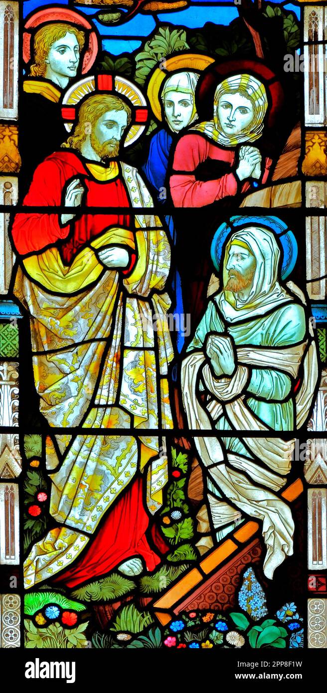 Wunder von Jesus, Anhebung des Lazarus, Glasfenster, von Heaton Butler & Bayne, 1878, Swaffham, Norfolk, England, UK Stockfoto