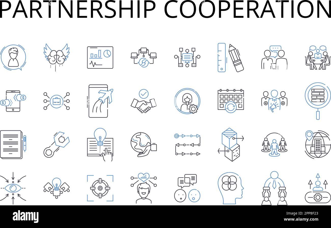 Symbolsammlung für Partnerschaftskooperationen. Vereinbarung, Alliance Union, Bond Link, Zusammenarbeit, Freundschaft, Concord Stock Vektor