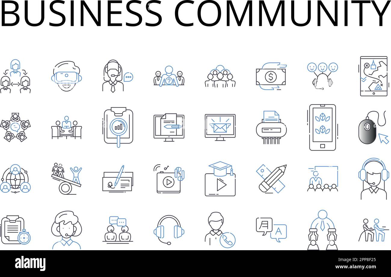 Symbolsammlung für Business-Community-Linien. Handelssektor, Handelsorganisation, Corporate Nerk, Entrepreneur Circle, Finanzdistrikt, Verkauf Stock Vektor