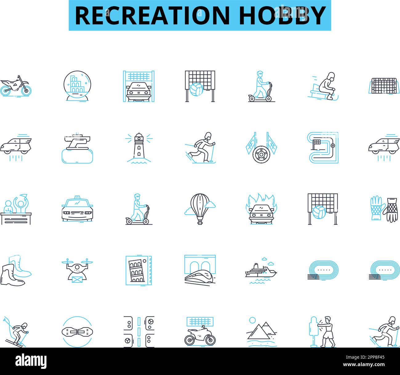 Lineare Symbole für Hobbys für die Erholung. Schwimmen, Radfahren, Laufen, Yoga, Malen, Wander-, Skigebiet-Vektor- und Konzeptschilder. Gartenarbeit, Fotografie Stock Vektor