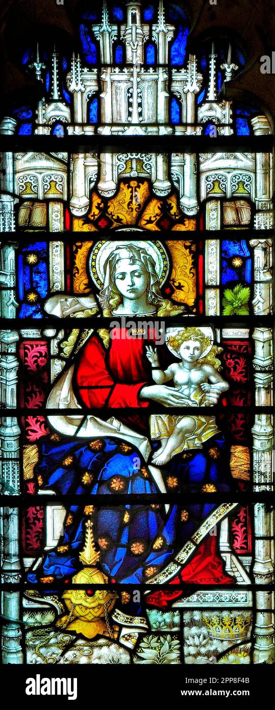 Die Geburt, Maria und Jesus, Buntglasfenster, Docking, England, UK Stockfoto