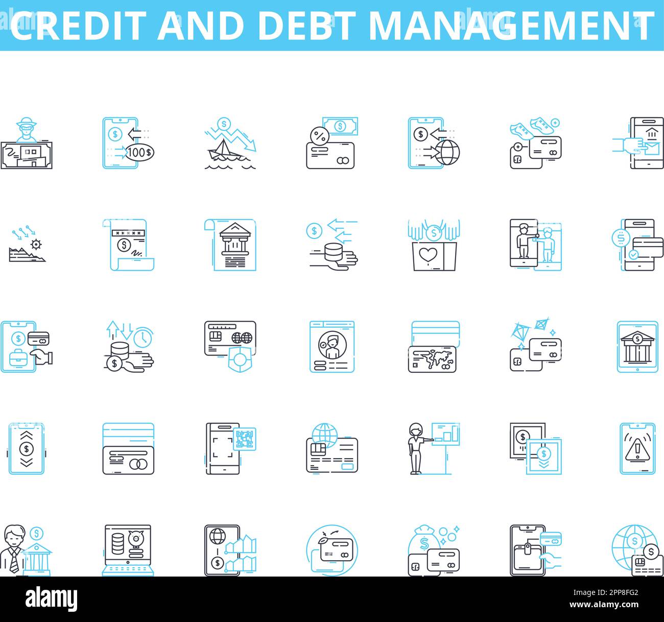 Lineare Symbolgruppe für Kredit- und Schuldenmanagement. Credirthiness, Interest, Balance, Budget, Score, Vektor- und Konzeptschilder für Finanzen, Sammlungslinien Stock Vektor