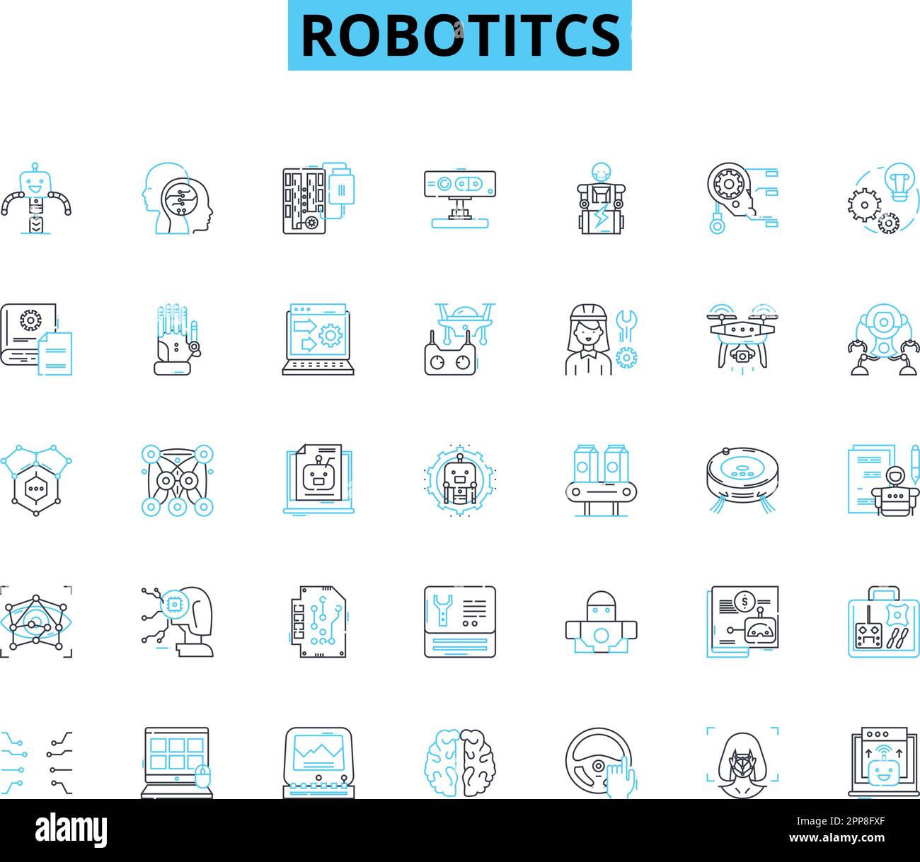 Lineare Symbole für Robotitcs festgelegt. Automatisierung, Mechanisierung, Künstliche Intelligenz, Algorithmen, Sensoren, Robotik, Cyborgs Linienvektor und Konzeptzeichen Stock Vektor