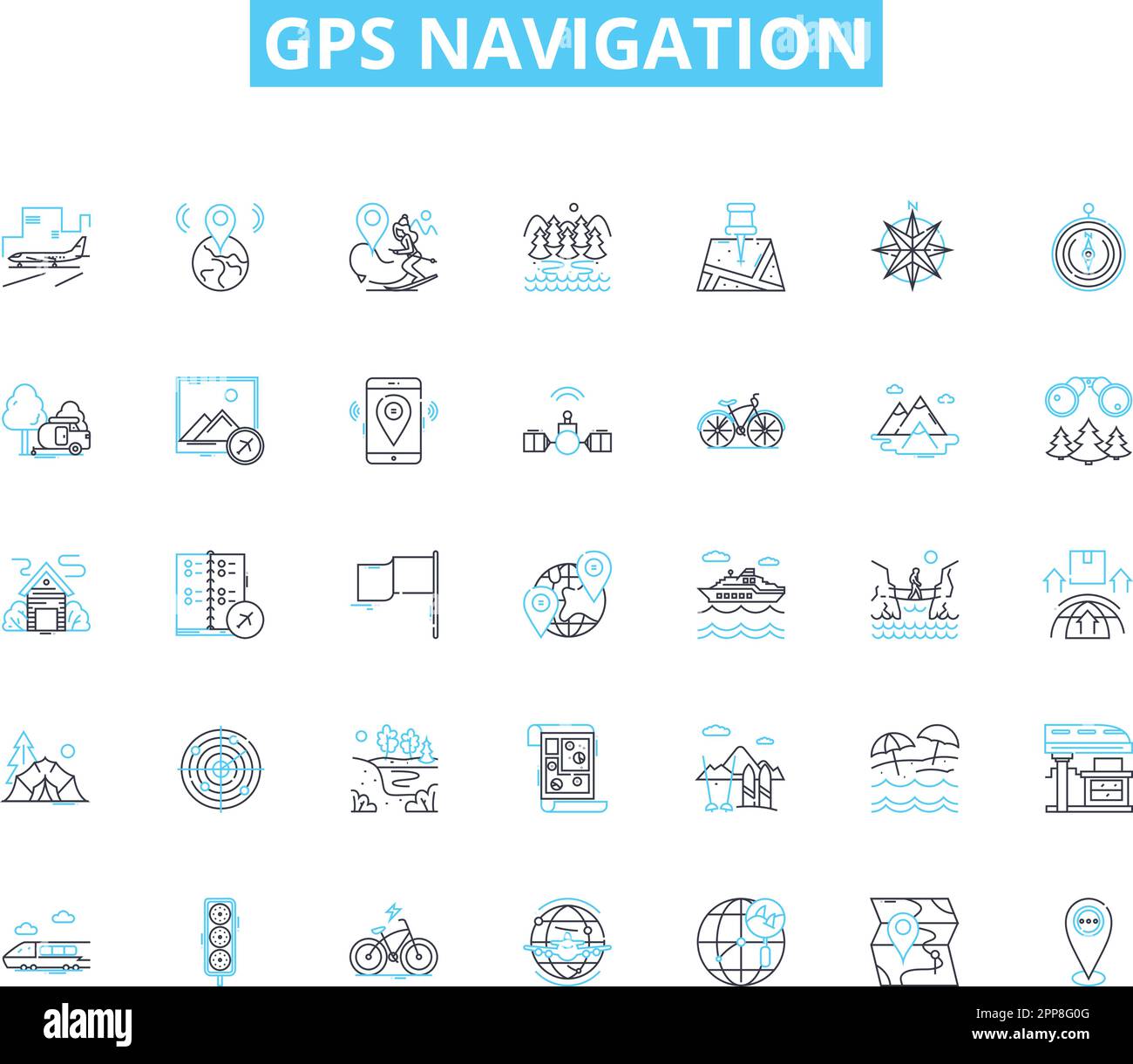 Lineare Symbole für GPS-Navigation eingestellt. Satelliten, Koordinaten, Karten, Position, Routing, Wegpunkte, Signale Linienvektor und Konzeptzeichen. Genauigkeit, Tracking Stock Vektor