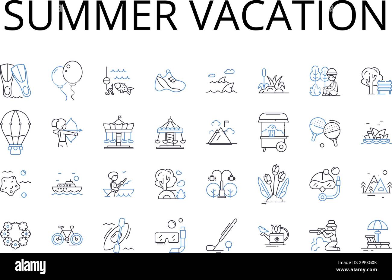 Summer Vacation Line Icons Kollektion. Strandurlaub, Winterurlaub, Frühlingsurlaub, tropischer Kurzurlaub, Bergurlaub, Roadtrip, Kulturexpedition Stock Vektor