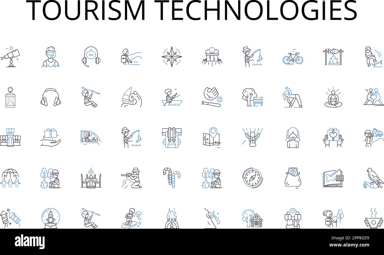Tourismustechnologien Kollektion mit Symbolen. Verkehr, Pendelverkehr, Mobilität, Verkehr, Öffentlich, Masse, Busvektor und lineare Darstellung. Züge, Eisenbahnen Stock Vektor