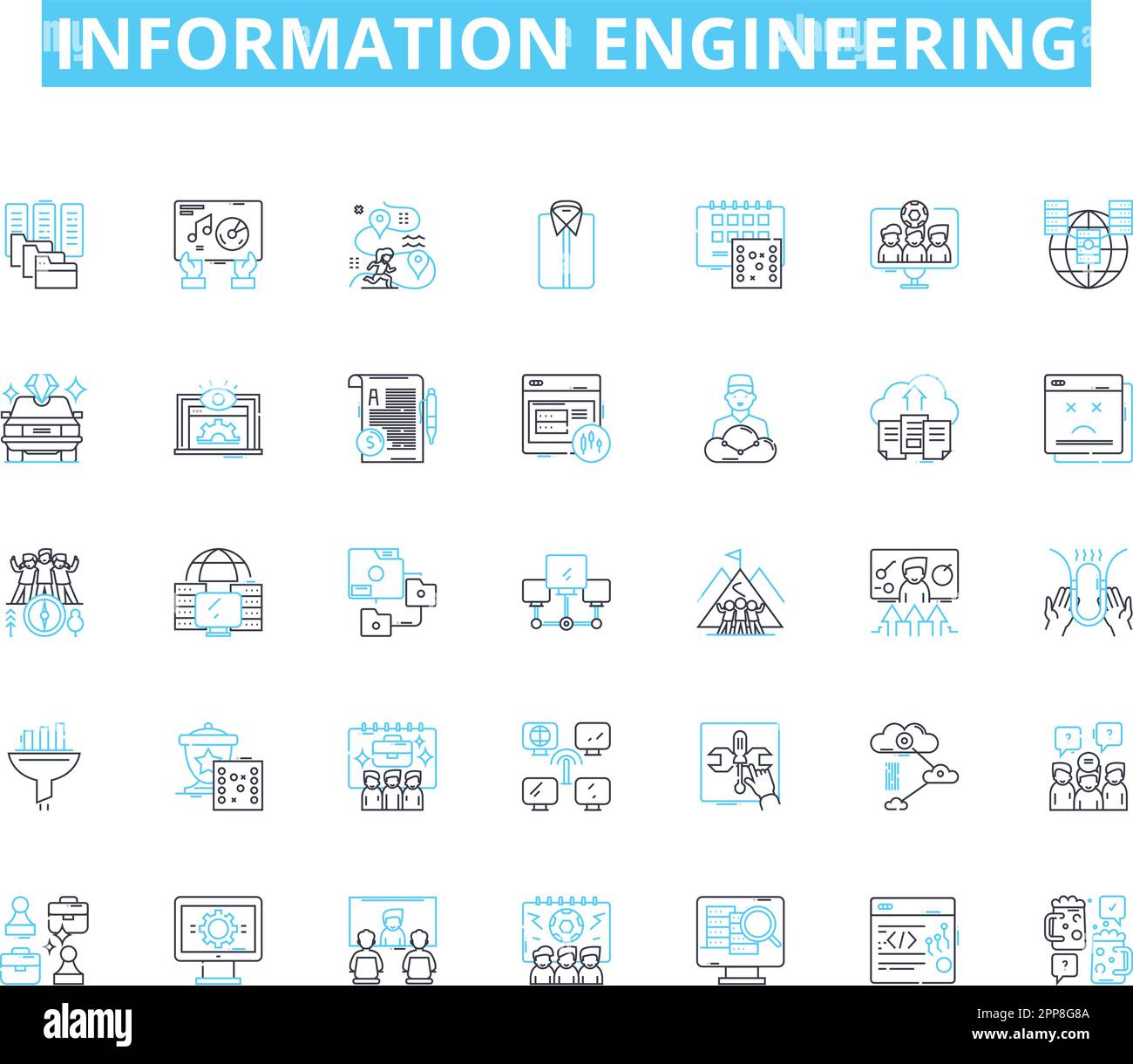 Lineare Symbole für Informationstechnik. Datenbank, Big Data, Analysen, Codierung, Algorithmus, Vektor- und Konzeptzeichen für Informationen, Integrationslinien Stock Vektor