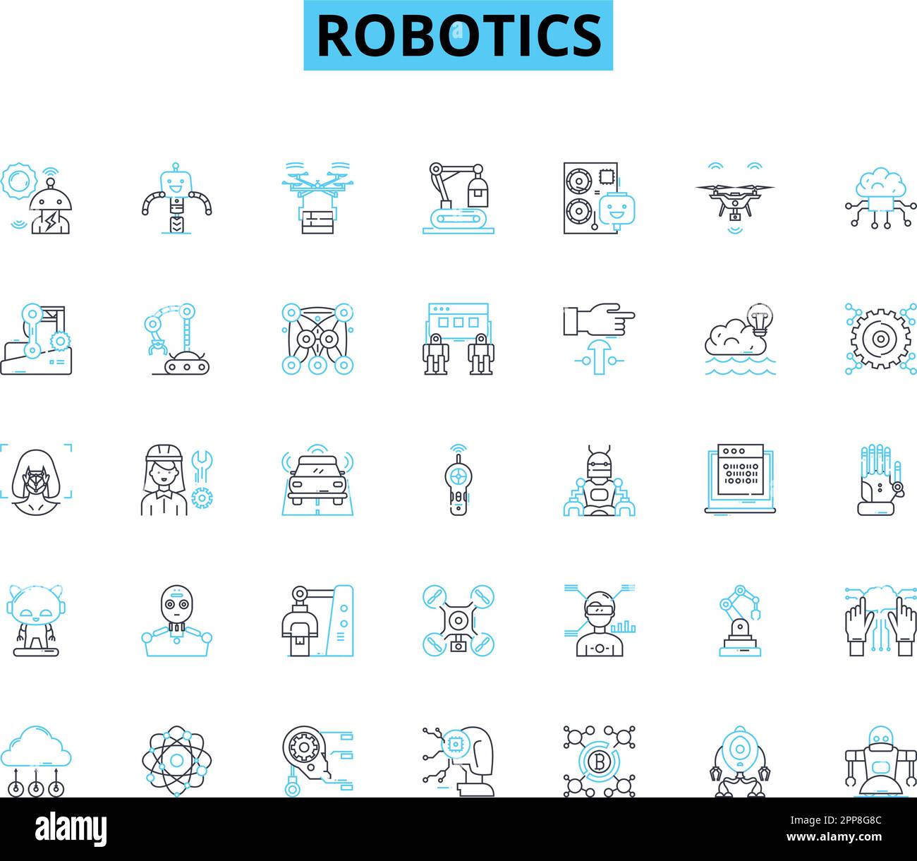 Lineare Symbole für Robotik festgelegt. Automatisierung, KI, Mechanik, Programmierung, Sensoren, Maschine, Algorithmen Linienvektor und Konzeptzeichen. Innovation, Technologie Stock Vektor