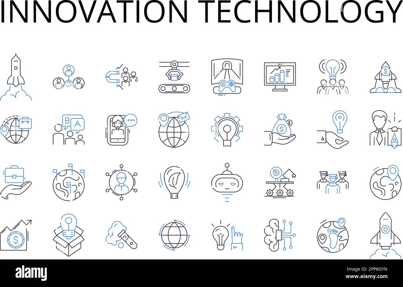 Icons-Kollektion der Innovation Technology Line. Kreativität Kunst, Wissensintelligenz, Fortschritt, Vision Vorausschau, Chance auf Chancen Stock Vektor
