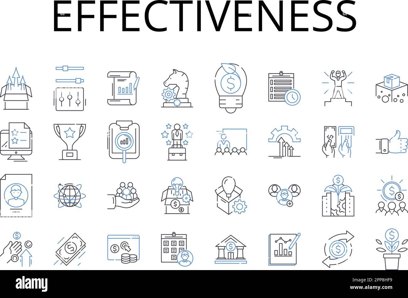 Symbolsammlung für Effectiveness Line. Effizienz, Produktivität, Leistungsfähigkeit, Leistungsfähigkeit, Leistung, Einflussvermögen, Eignungsvektor und linear Stock Vektor
