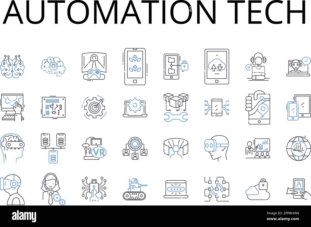 Symbolsammlung für die Automationstechnik. Digitale Tools, Virtual Reality, Robotikindustrie, maschinelles Lernen, KI-Software, Unternehmenseffizienz, intelligent Stock Vektor