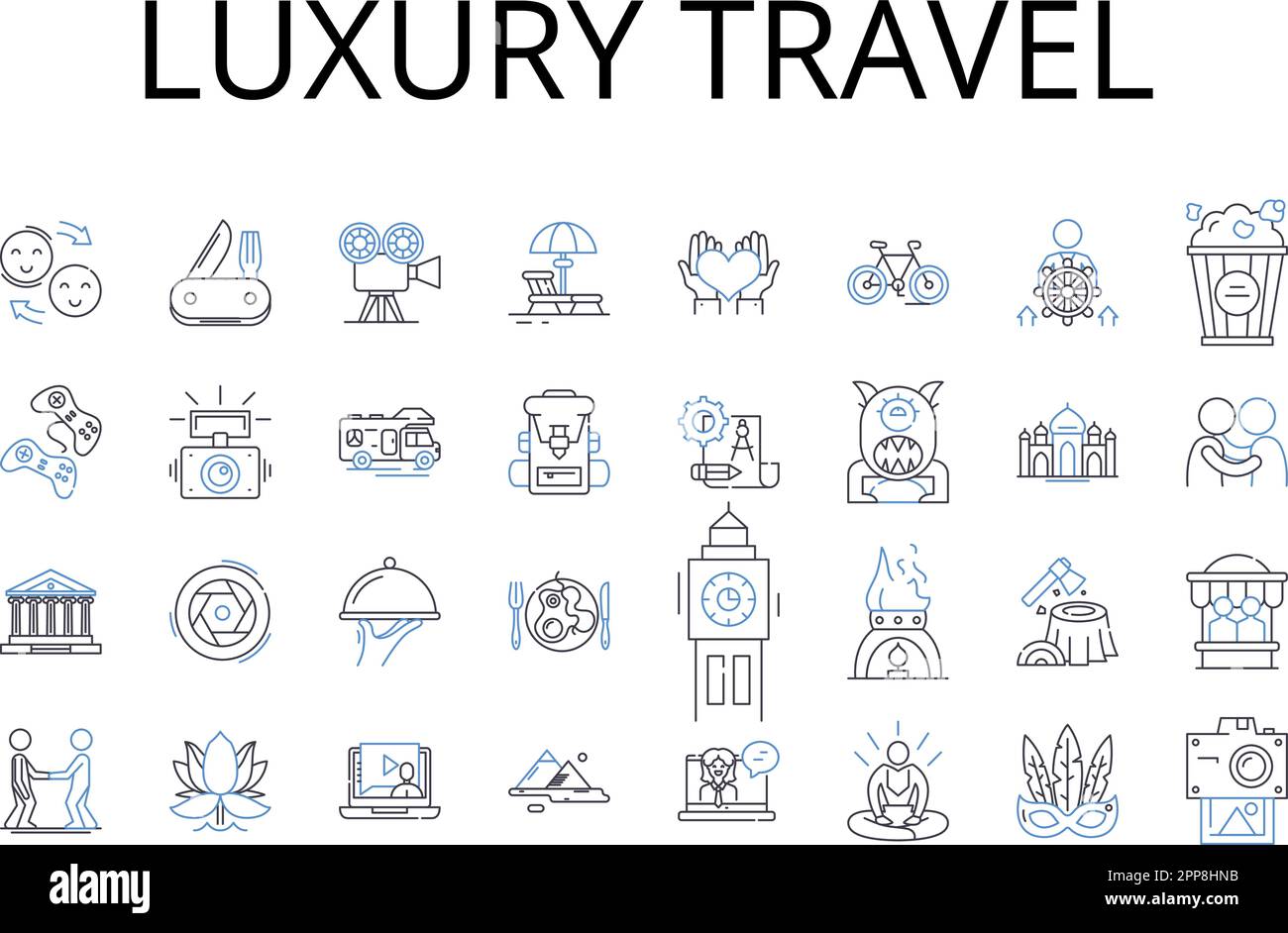 Icons-Kollektion für Luxusreisen. High-End-Reisen, Elite-Reisen, Premium-Reisen, Luxusreisen, luxuriöse Reisen, Extravagante Reise, fünf-Sterne-Reise Stock Vektor