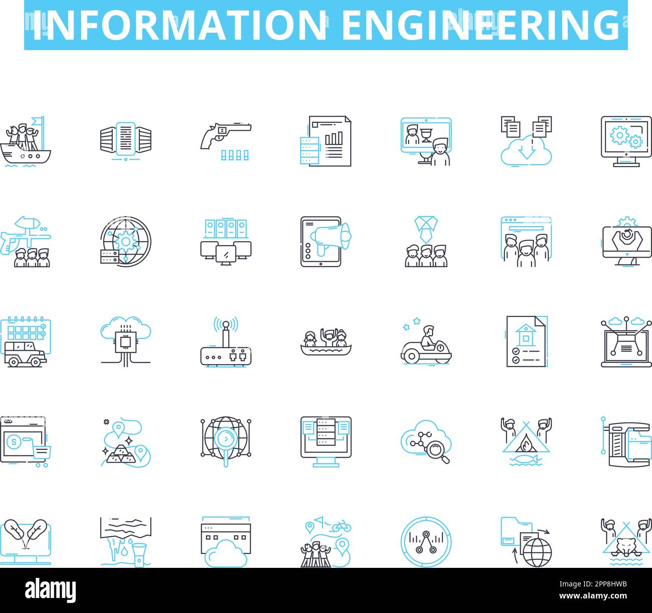 Lineare Symbole für Informationstechnik. Datenbank, Big Data, Analysen, Codierung, Algorithmus, Vektor- und Konzeptzeichen für Informationen, Integrationslinien Stock Vektor