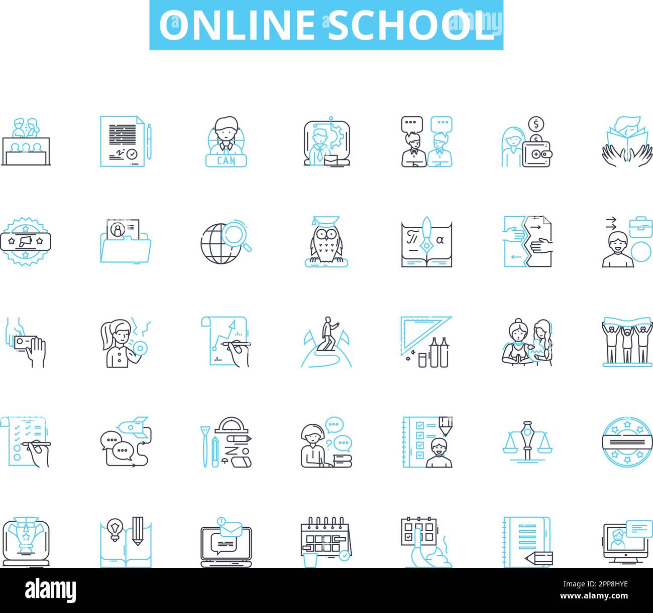 Lineare Symbole für Online-Schulen festgelegt. Entfernung, webbasiert, virtuell, Remote, E-Learning, Digital, Cyber Line Vector und Concept Signs. Internet, WLAN, Webinar Stock Vektor