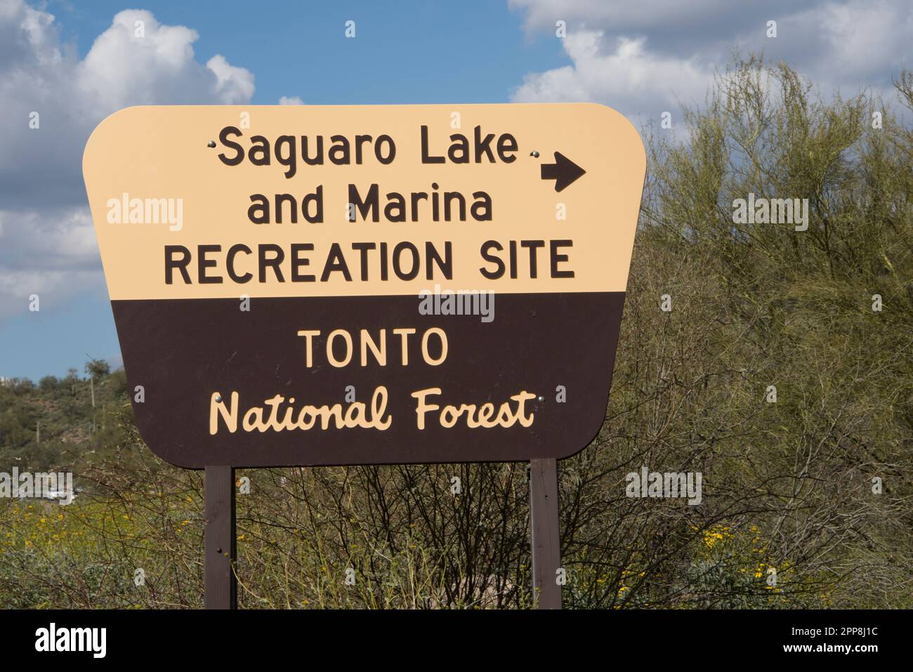 Forest Service Schild für Saguaro Lake und Marina, Bush Highway, Mesa, Arizona, USA Stockfoto