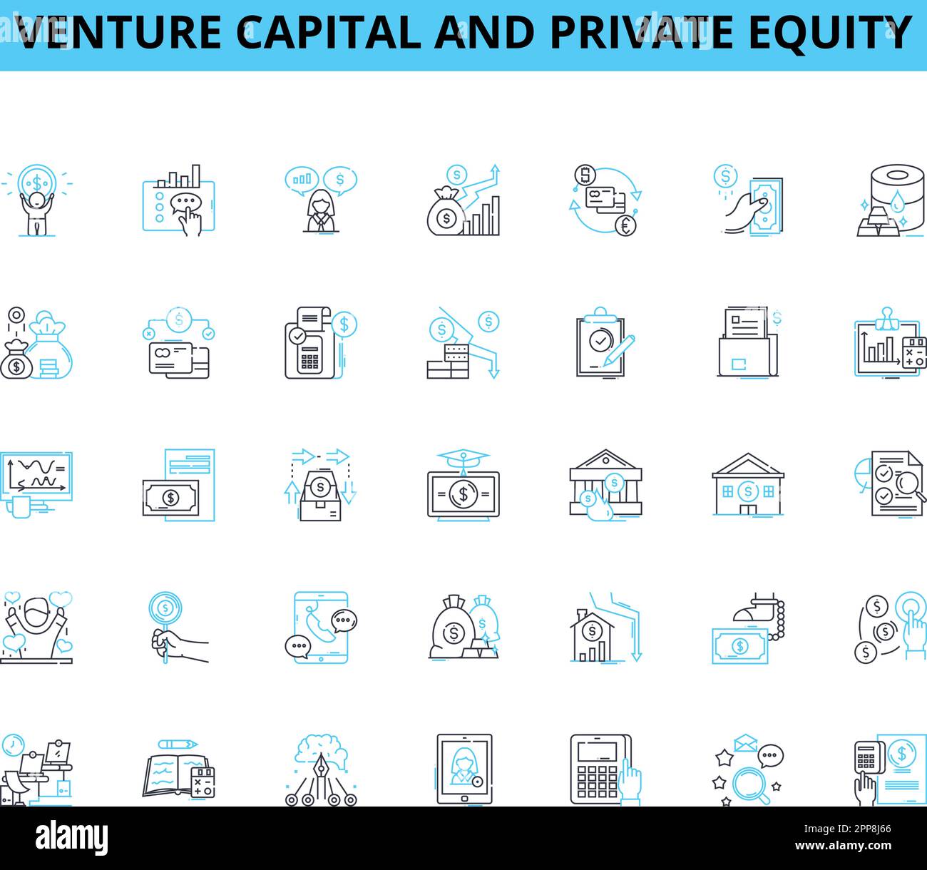 Lineare Symbole für Risikokapital und Private Equity. Finanzierung, Investitionen, Wachstum, Eigenkapital, Strategisch, Capital, Portfolio Line Vector und Concept Signs Stock Vektor