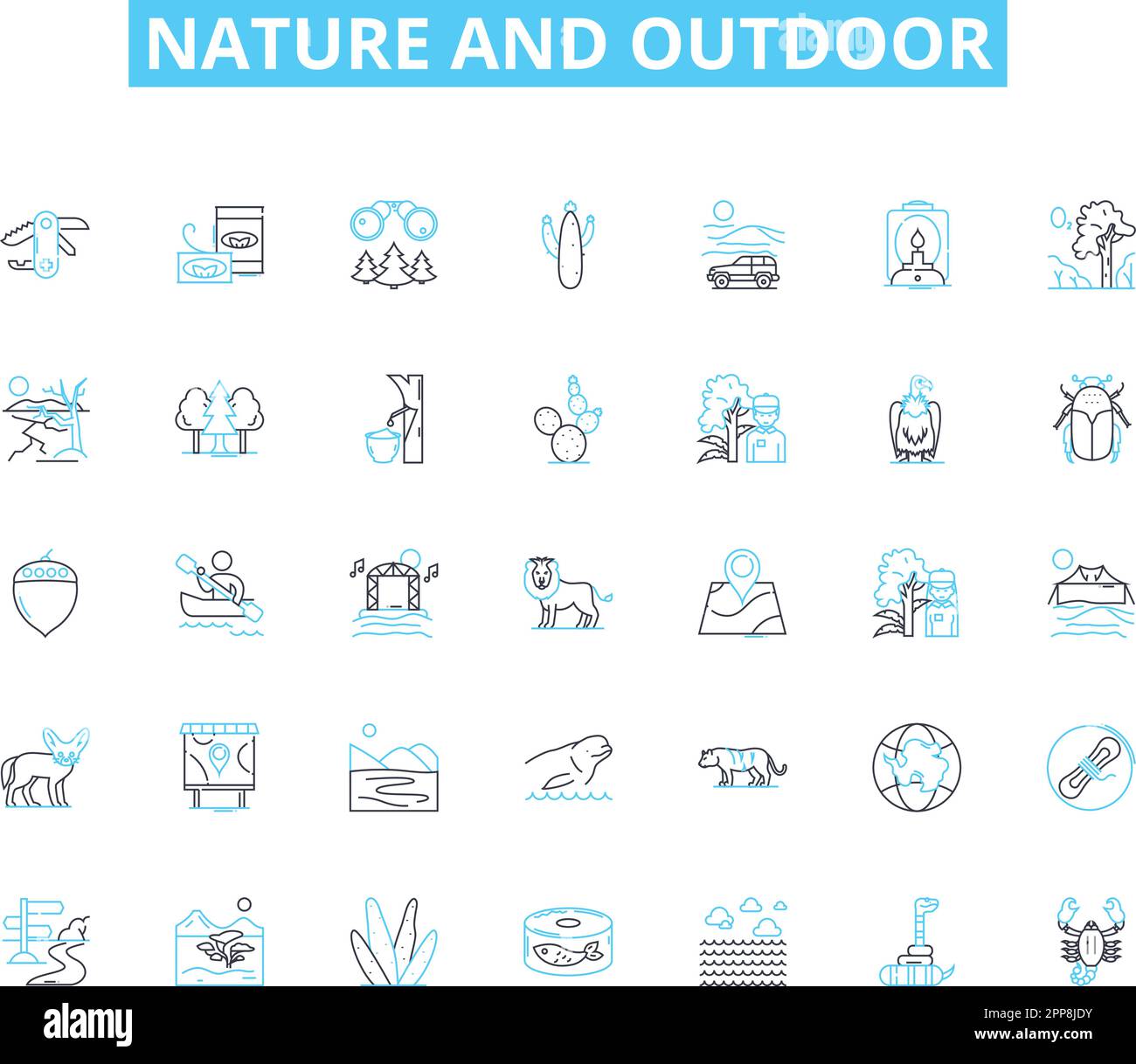 Lineare Symbole für Natur und Außenbereich. Wildnis, Berge, Wälder, Flüsse, Ozeane, Landschaften, Tierschutzlinien, Vektor- und Konzeptschilder. Sonnenuntergänge Stock Vektor