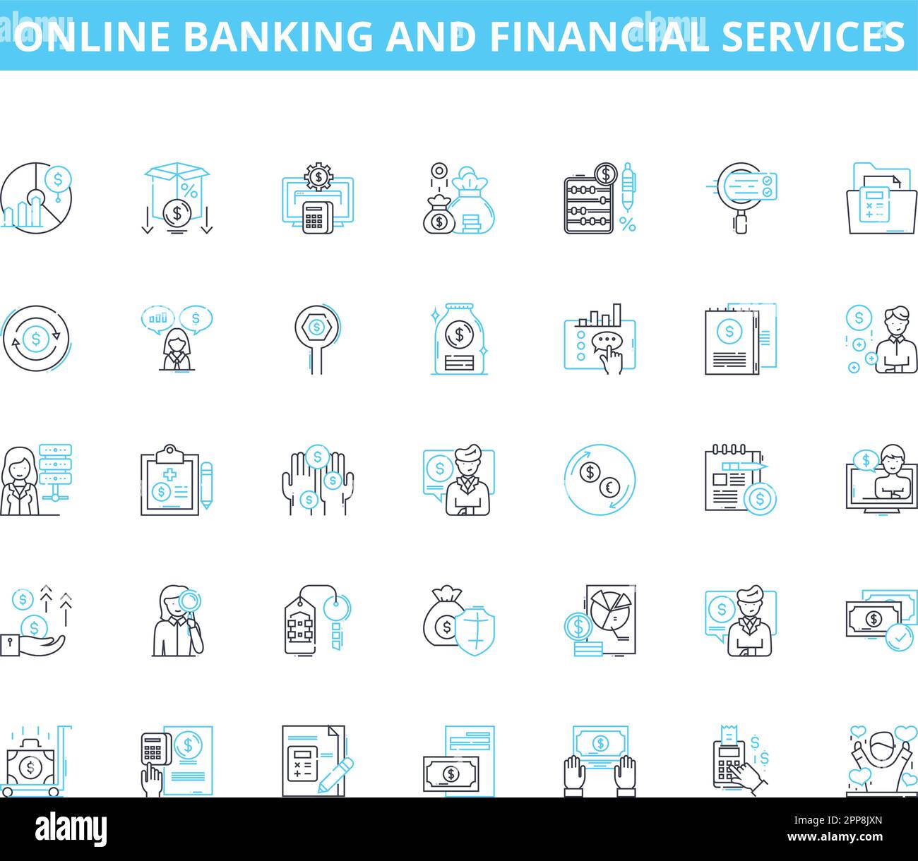 Lineare Symbole für Online-Banking und Finanzdienstleistungen. Sicherheit, Komfort, Zugänglichkeit, Effizienz, Mobil, Transfer, Vektor für Kreditlinien und Stock Vektor