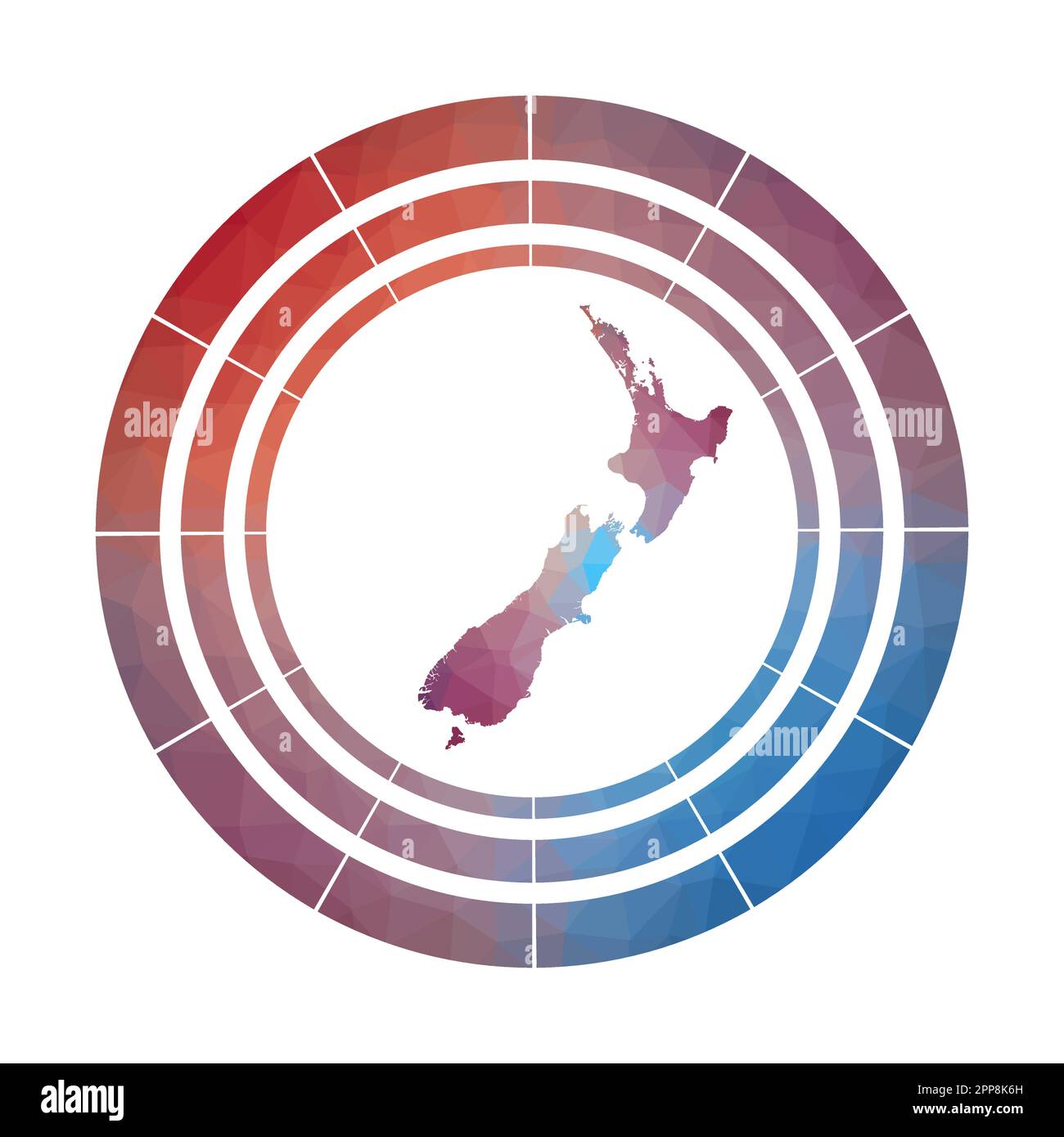 Neuseeländisches Abzeichen. Leuchtendes, abgestuftes Landlogo in niedriger Poly-Optik. Mehrfarbiges abgerundetes Schild aus Neuseeland mit Karte im geometrischen Stil für Ihre Info Stock Vektor