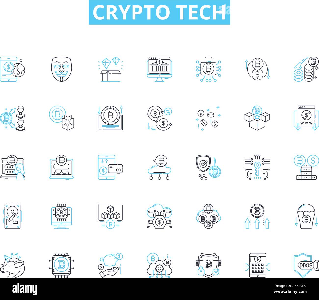 Kryptotechnik - Lineare Symbole gesetzt. Blockchain, Bitcoin, Ethereum, Kryptowährung, Bergbau, Dezentralisiert, Wallet Line Vector und Concept Signs. Digital Stock Vektor