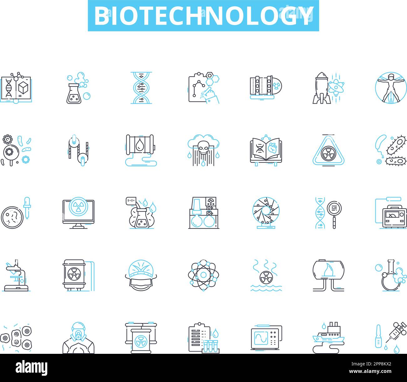Biotechnologische lineare Symbole. Genetik, Mikroorganismen, Klonen, Genom, Nanotechnologie, Impfstoffe, Probiotika-Linienvektor und Konzeptzeichen Stock Vektor