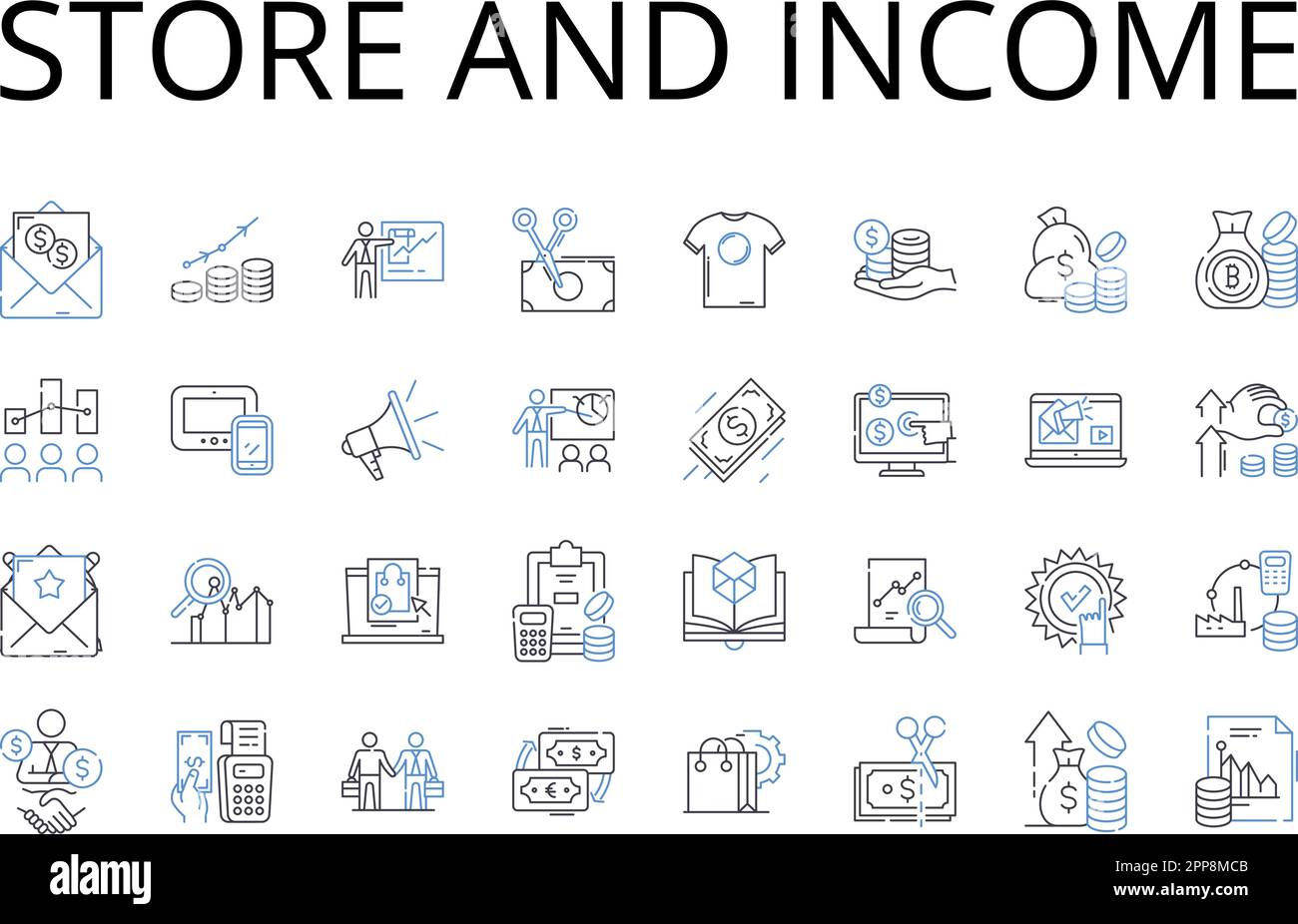 Symbolsammlung für Filialen und Einkommenspositionen. Shop and Revenue , Market and Earnings , Boutique and Profit , Warehouse and Gain , Outlet und Return Stock Vektor