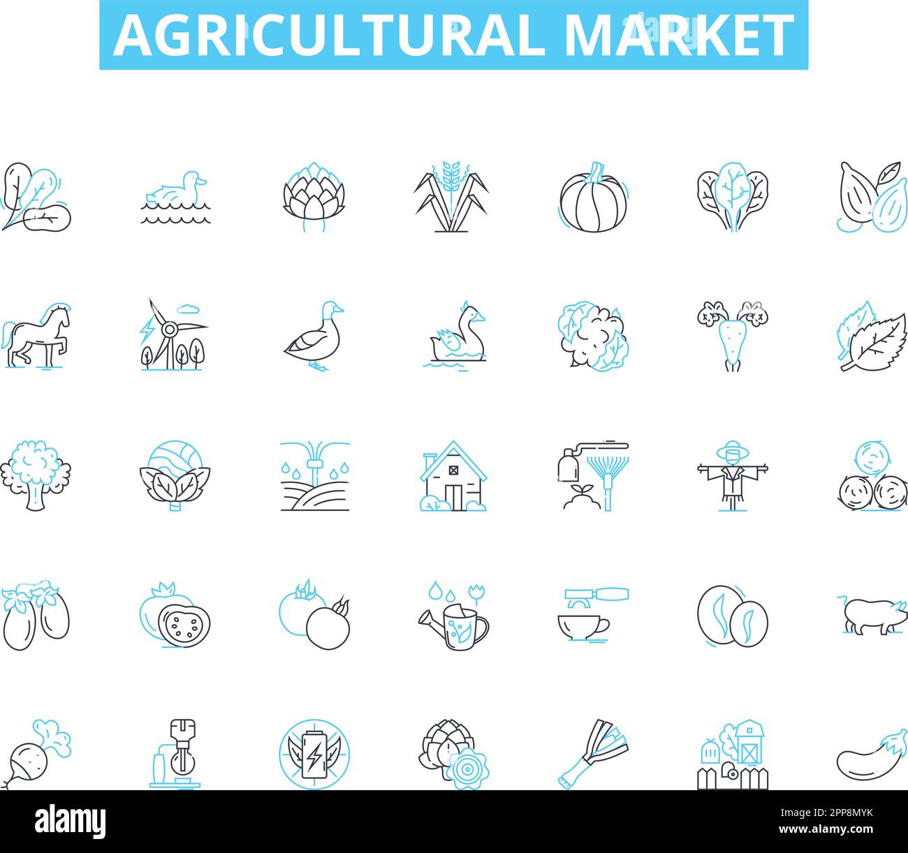 Linearer Symbolsatz für den Agrarmarkt. Landwirtschaft, Viehzucht, Ernte, Bewässerung, Agribusiness Line Vector und Concept Signs Stock Vektor