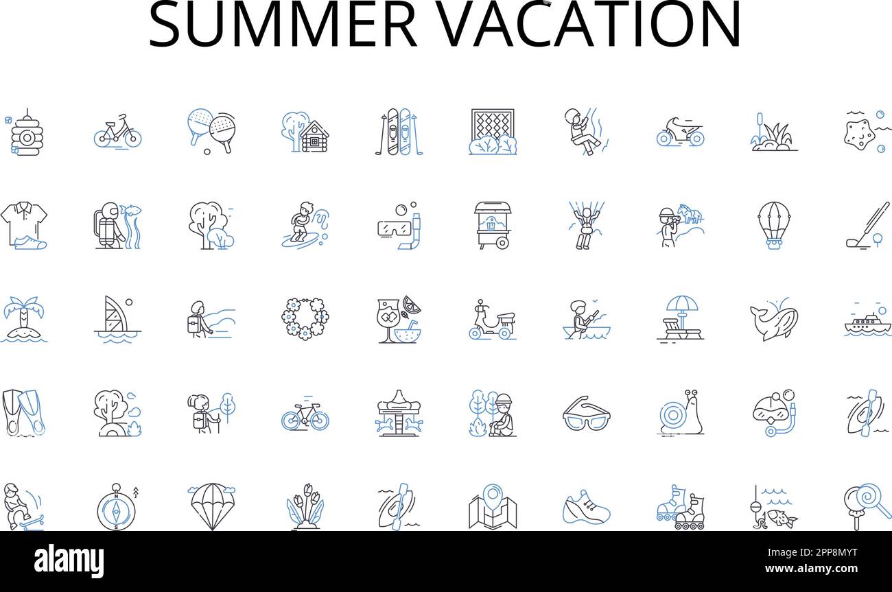 Summer Vacation Line Icons Kollektion. Schnelligkeit, Schnelligkeit, Eile, Zweckmäßigkeit, Alakrität, Geschwindigkeit, Geschwindigkeitsvektor und lineare Darstellung Stock Vektor