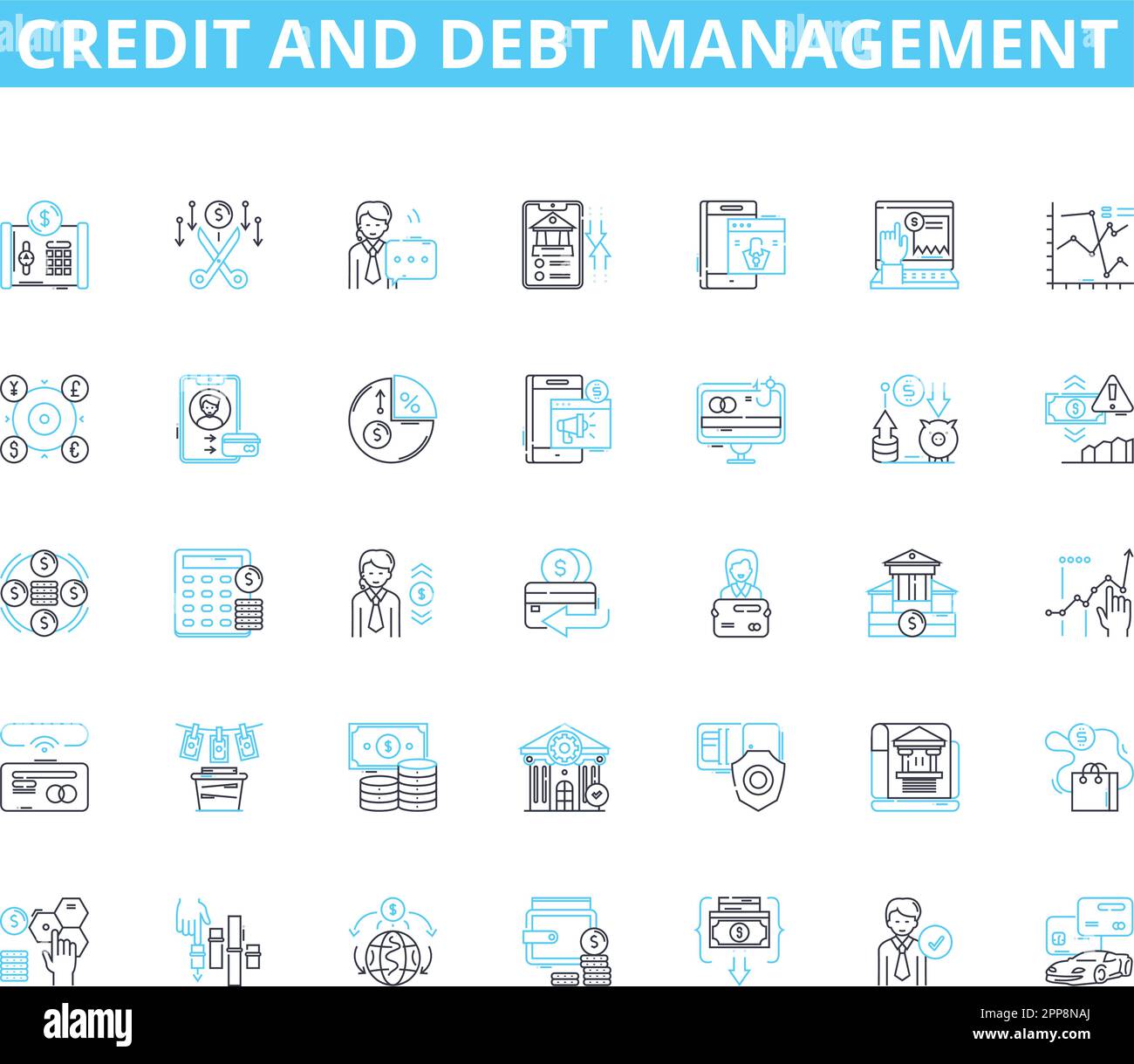 Lineare Symbolgruppe für Kredit- und Schuldenmanagement. Credirthiness, Interest, Balance, Budget, Score, Vektor- und Konzeptschilder für Finanzen, Sammlungslinien Stock Vektor