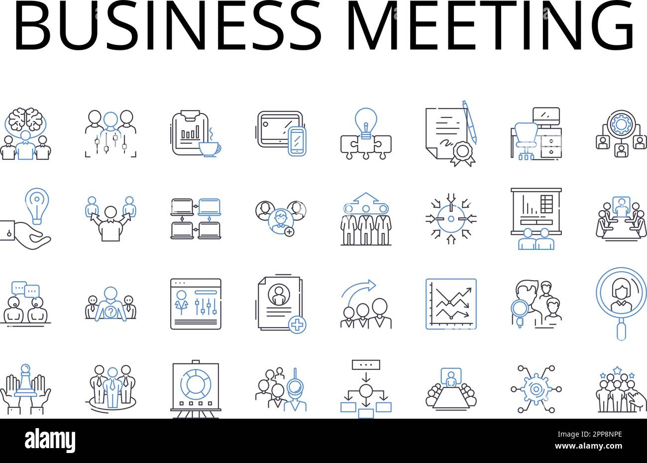 Symbolsammlung für Geschäftsbesprechungen. Teambildung, Vorstandssitzung, Verkaufsgespräch, Konferenzgespräch, Executive Session, Bürobesprechung, Mitarbeiterbesprechung Stock Vektor