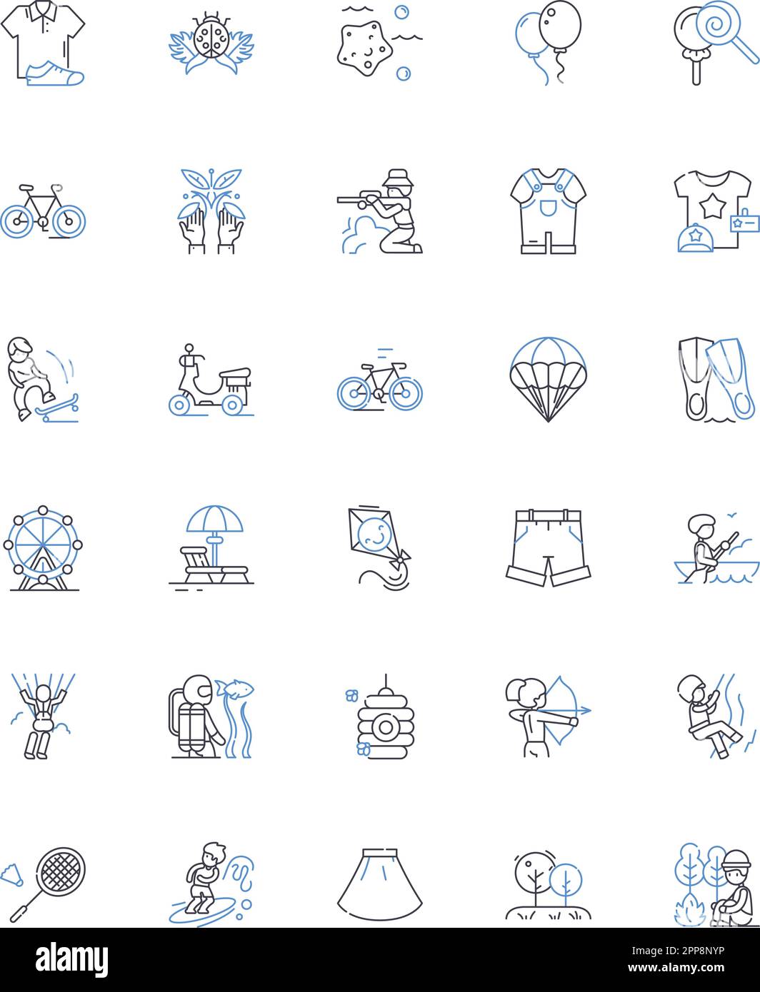 Sammlung der Symbole für die Urlaubszeiten. Entspannung, Erkundungen, Abenteuer, Flucht, Erinnerungen, Sonnenbaden, Sightseeing-Vektor und lineare Darstellung Stock Vektor