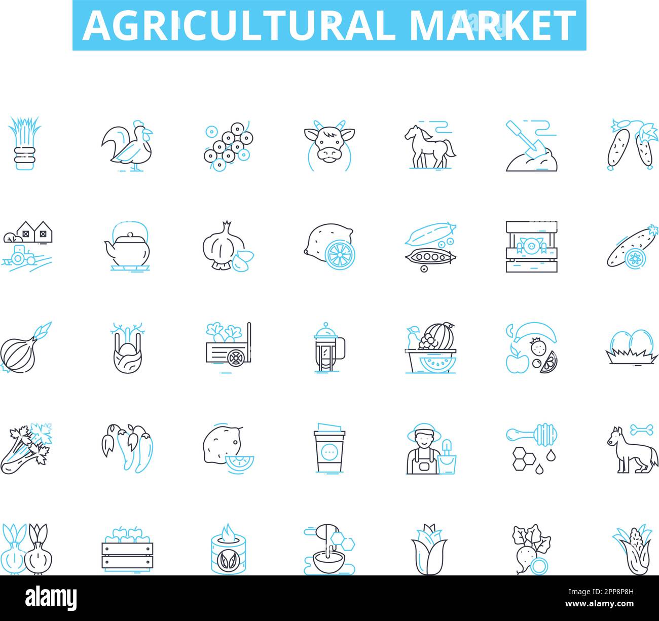 Linearer Symbolsatz für den Agrarmarkt. Landwirtschaft, Viehzucht, Ernte, Bewässerung, Agribusiness Line Vector und Concept Signs Stock Vektor