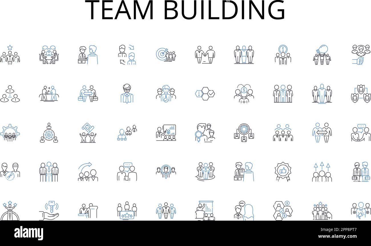 Team Building Line Icons Kollektion. Stoff, Nähen, Textil, Färben, Garn, Weben, Zusammenfügen, Vektor und lineare Darstellung. Entwerfen, Schneiden Stock Vektor