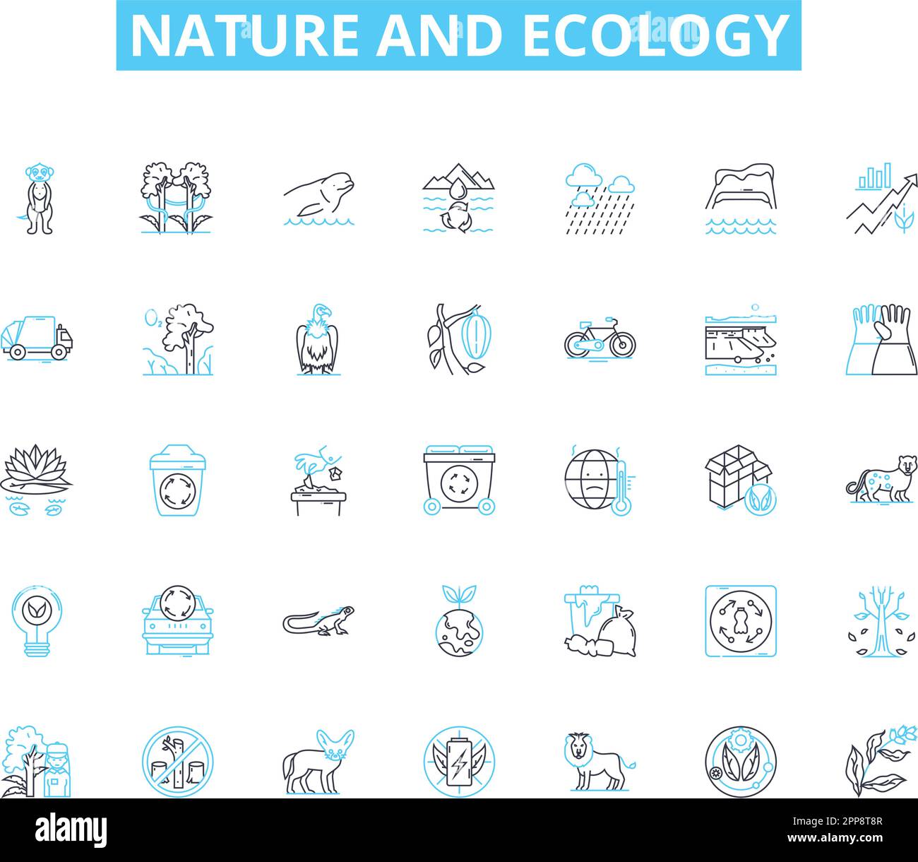 Natur und Ökologie sind lineare Symbole gesetzt. Wald, Fluss, Berg, Tierwelt, Ozean, Boden-, Wilderness-Linien-Vektor- und Konzeptzeichen. Ökosystem Stock Vektor