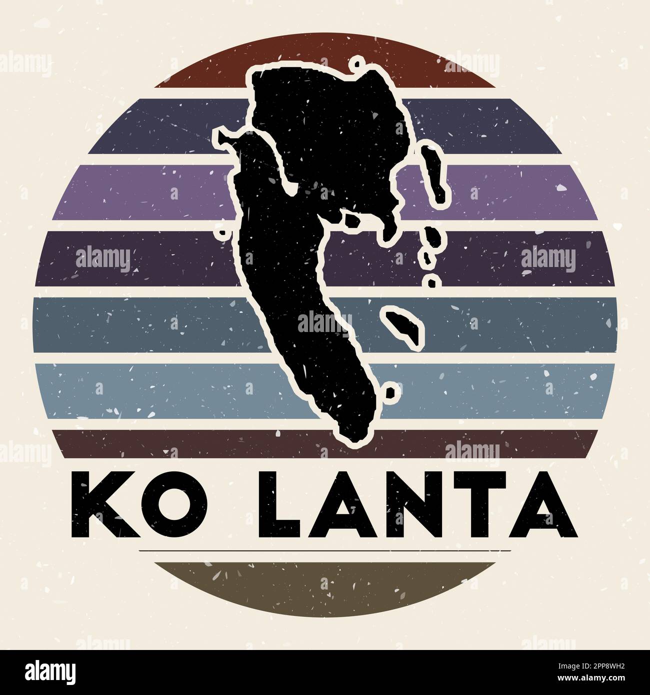 Ko Lanta Logo. Unterschreiben Sie mit der Karte der Insel und den farbigen Streifen, Vektordarstellung. Kann als Abzeichen, Logo, Label, Aufkleber oder Abzeichen des verwendet werden Stock Vektor