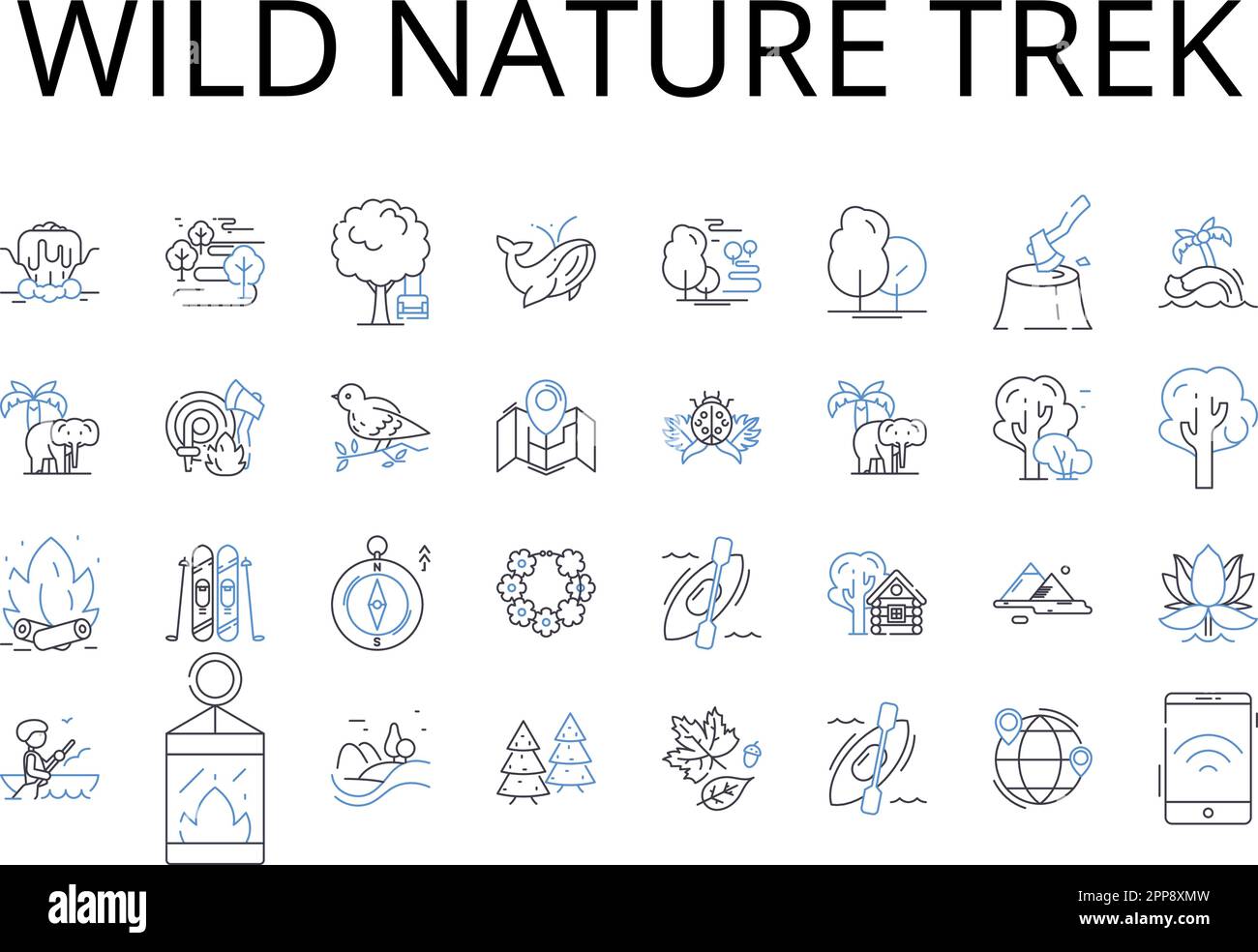 Wild Nature Trek Line Icons Kollektion. Zerklüftete Bergsteigen, Tiefseetauchen, ruhiger Strandspaziergang, majestätischer Wasserfall, geheimnisvolle Höhlenerkundung Stock Vektor